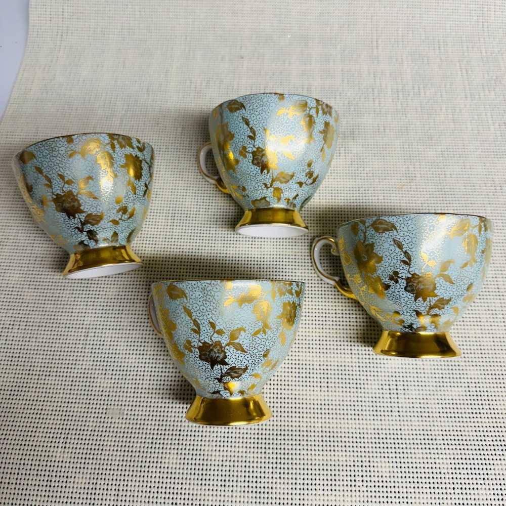 Tuscan England Bone China Trieste Gold Floral 4 Piece Teacups Vintage